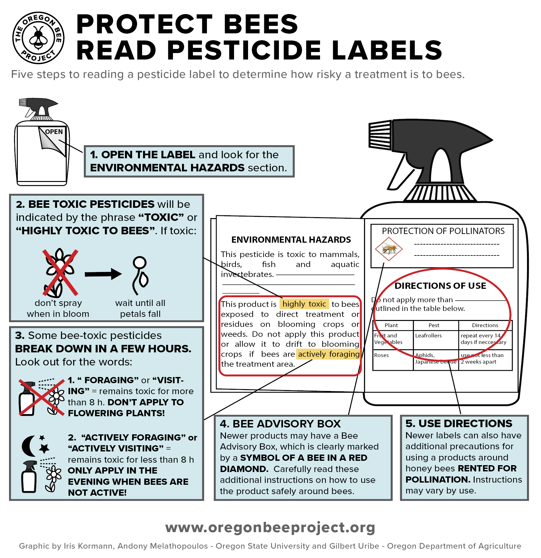 Graphic showing how to check a pesticide label for bee precautions